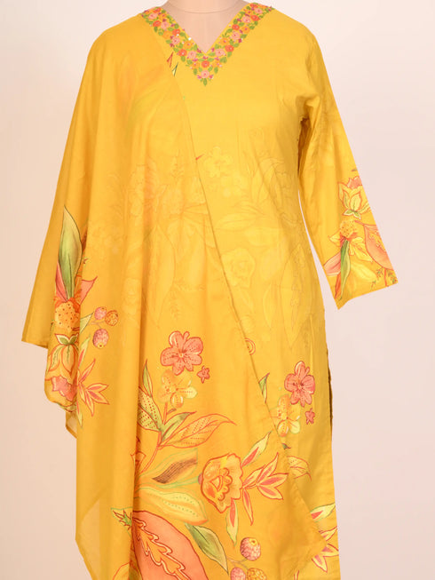 Mustard Cotton Kurti With Floral Print